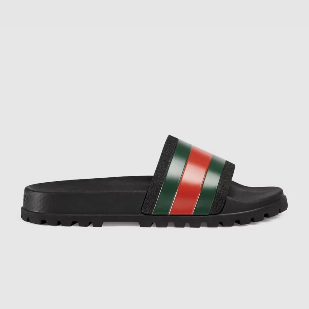 Gucci Black Sandals with Green and Red Stripes